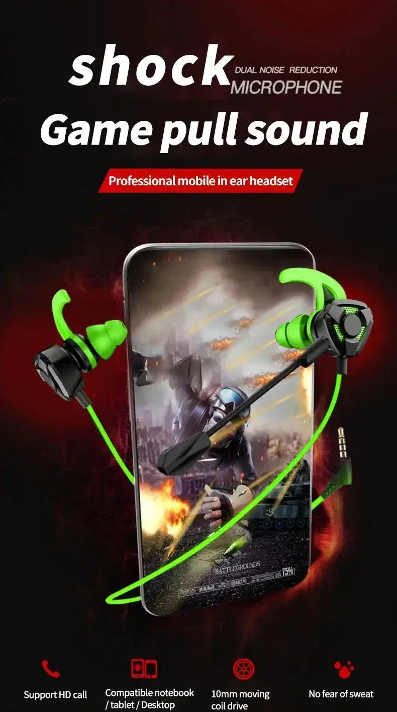 Neon green and black wired in-ear gaming headset with shock dual noise reduction microphone designed for gaming use.