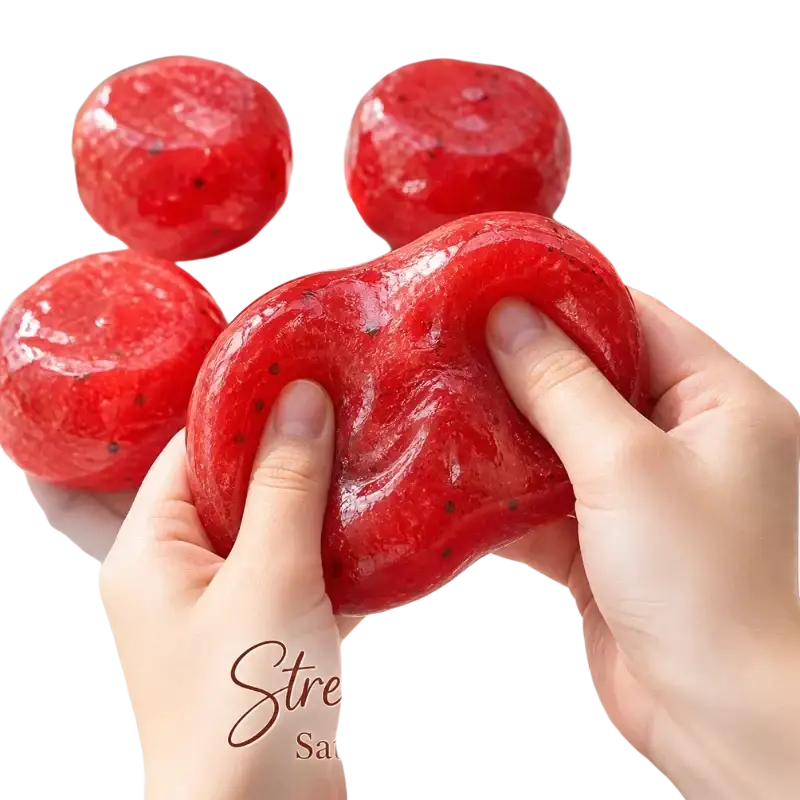 Handmade red glossy watermelon-shaped slushy squishy toy with black seed speckles viewed from the front