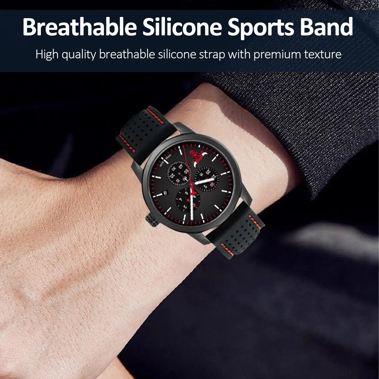 Schwarzes Silikon-Sportuhrenarmband mit roter Steppnaht und perforierter Textur, kompatibel mit 20 mm, 22 mm und 24 mm Schnellverschluss-Armbändern.
