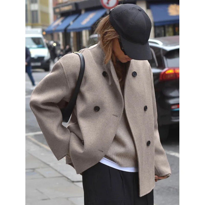 Wool Jacket Coat Women Vintage Woolen Jackets Double Breasted Warm Outerwear Office Lady High Street Overcoat Autumn Winter