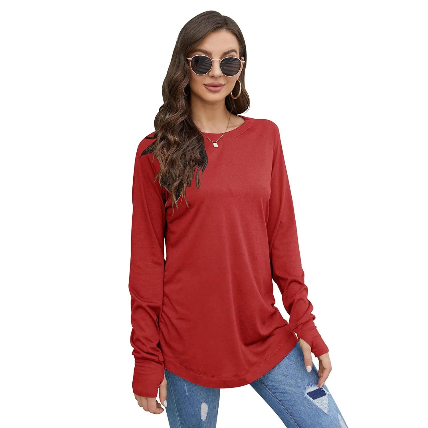 Red long sleeve cotton tunic top for women with a relaxed fit and round neck pattern type.