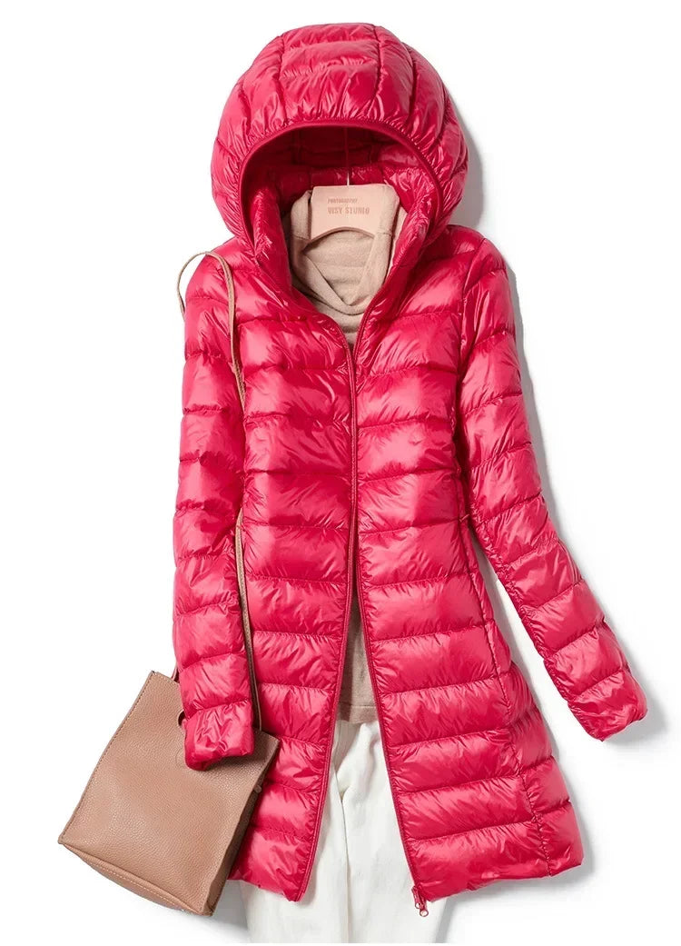 Fashionable Outerwear Winter Women Korean Fashion Slim Remove Hooded Parka Down Jackets Long Light Thin Coat Puffer Jacket
