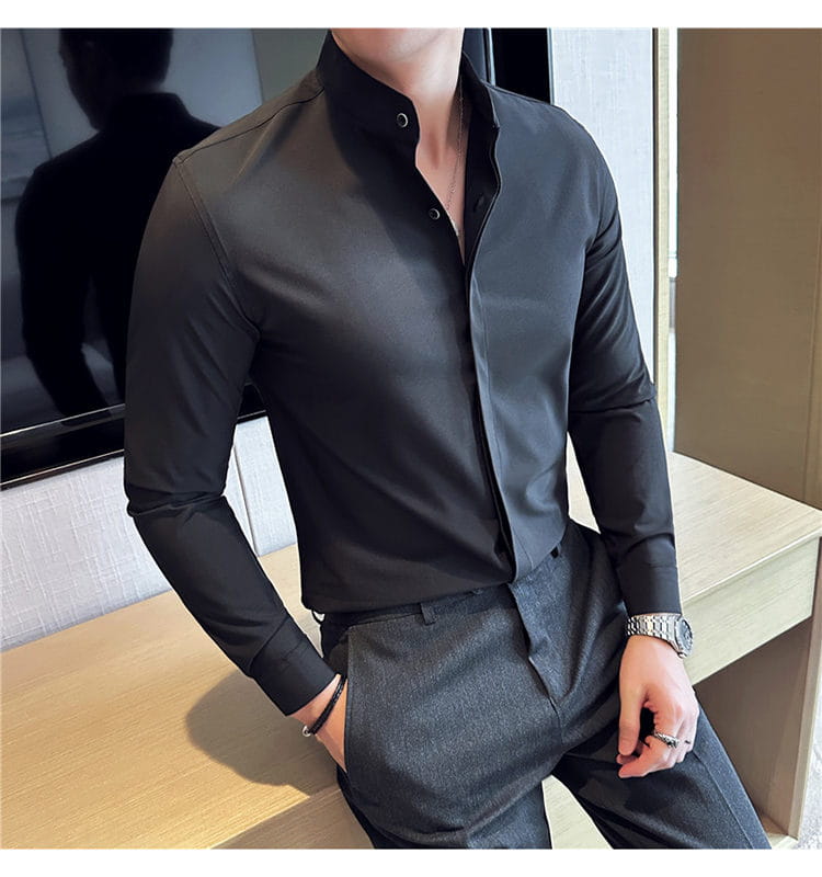 black sleek long-sleeved men dress shirt with a slim fit stand collar and subtle sheen designed for formal occasions and ensuring the correct size.