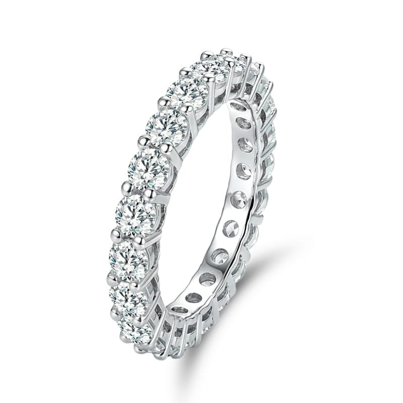 Sterling silver zircon ring for women featuring a sleek silver eternity band with a continuous row of round-cut diamonds set in prongs.