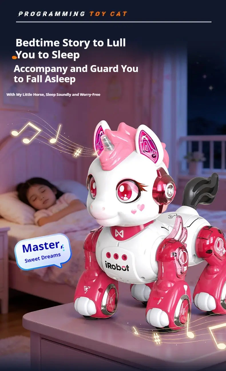 Pink and white remote control robotic horse toy with red accents, glowing horn, and headphones designed as a robotic unicorn.