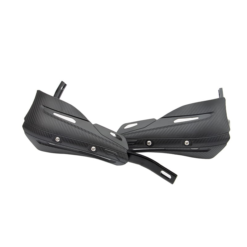 Black carbon fiber universal dirt bike handguards with sleek aerodynamic design and integrated mounting brackets.