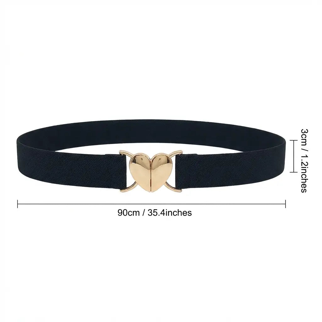 Ceinture élastique à la taille noire pour femme avec une boucle en forme de cœur à finition ton or.