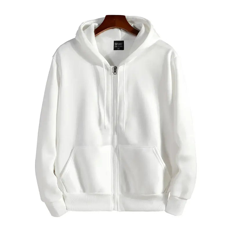 Men zip up hooded sweatshirt cotton blend in white with soft fleece texture and two front pockets for casual wear.