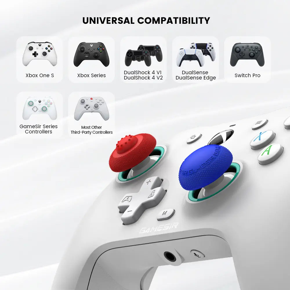 White Gamesir G7 magnetic faceplate controller grip with red and blue textured thumbsticks for enhanced comfort and control.