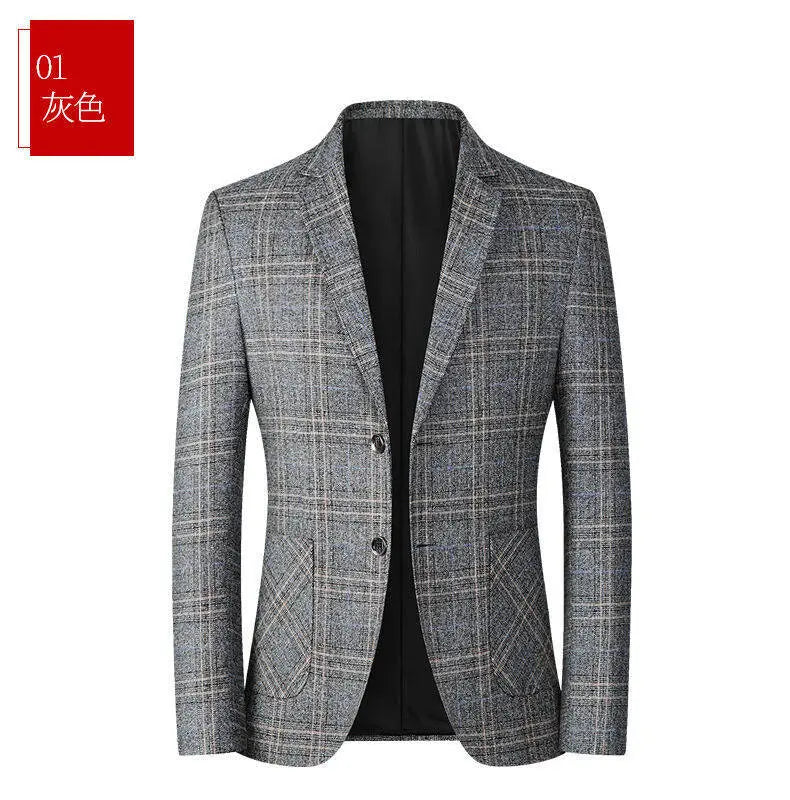 Blazer de lana con mezcla de cuadros grises para hombre, estilo casual de negocios, con tejido texturizado y forro interior negro.