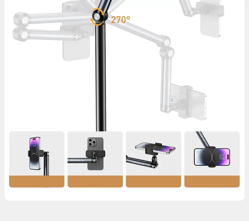 black adjustable phone arm of aluminum alloy tablet and phone floor stand with 270-degree rotation and multiple mounting options for smartphones