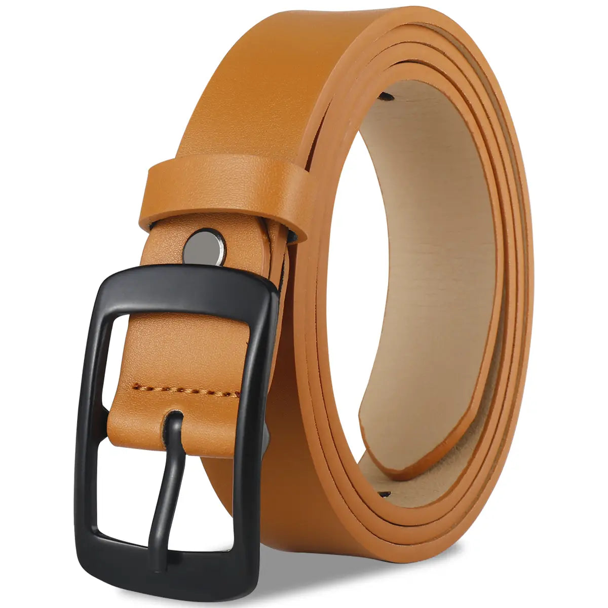 Ceinture pour femmes de marque en cuir, dotée d’un cuir beige et d’une boucle à goupille en métal noir.