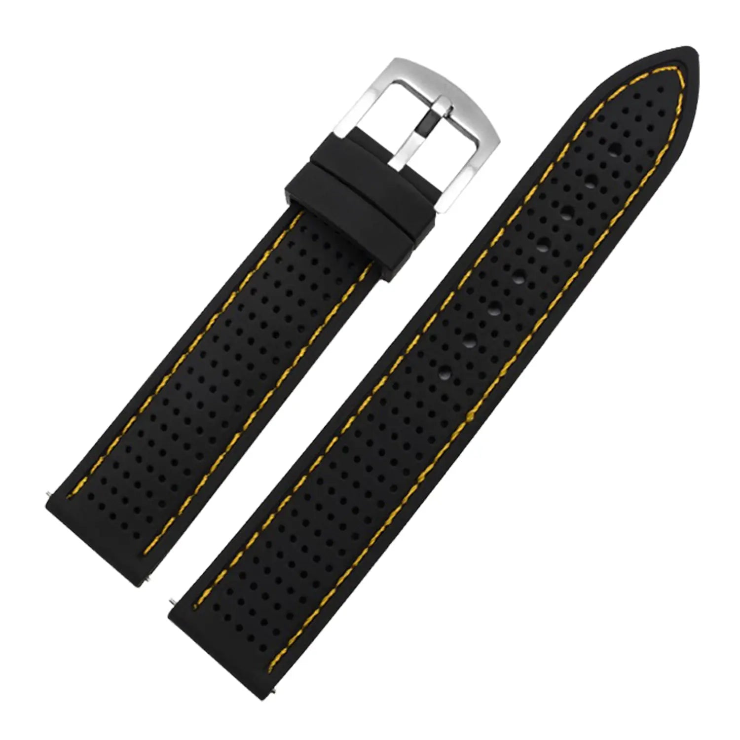 Schwarzes perforiertes Silikon-Uhrenarmband mit gelber Steppnaht und schnallenartigem Verschluss in Silberton, erhältlich in 20 mm, 22 mm, 24 mm Schnellverschluss-Größen.