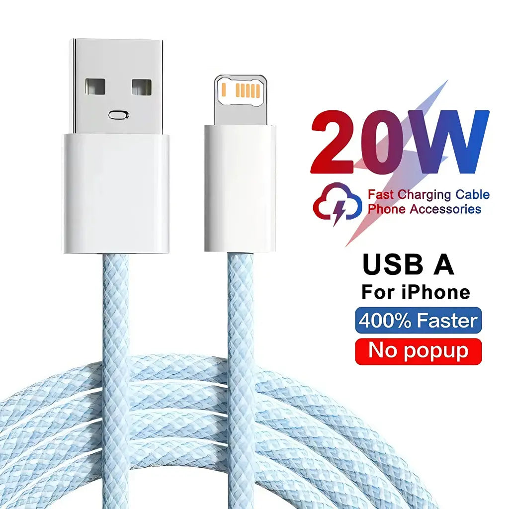 Light blue braided USB-A to lightning cable for iPhone designed for 20w fast charging.