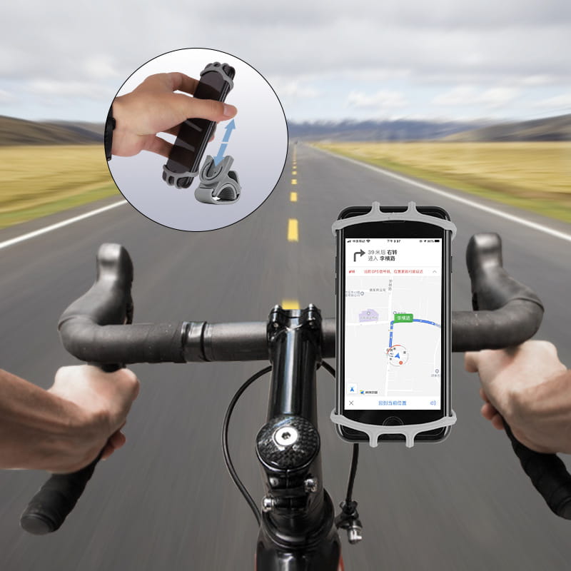 Soporte universal para teléfono de bicicleta de silicona gris montado de forma segura en el manillar para sujetar un teléfono inteligente