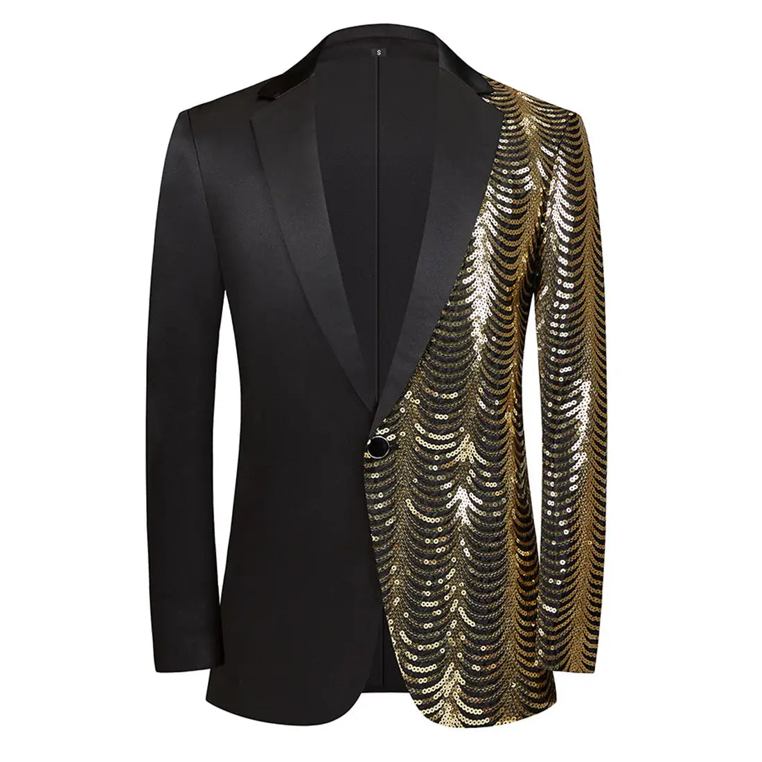 Black blazer with a striking gold sequin pattern cascading down the right side featuring satin lapels and a single button closure for men.