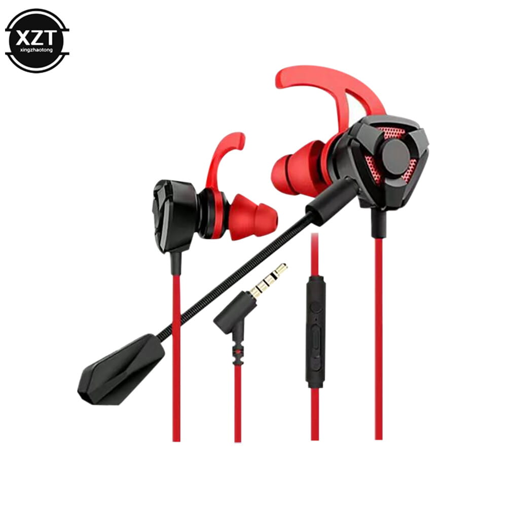 Rote und schwarze verkabelte Gaming-Ohrhörer mit ergonomischen Haken, flexiblem Kabel mit Inline-Steuermodul und abnehmbarem Mikrofon, ausgelegt für die Nutzung mit Mobilgeräten und Konsolen.