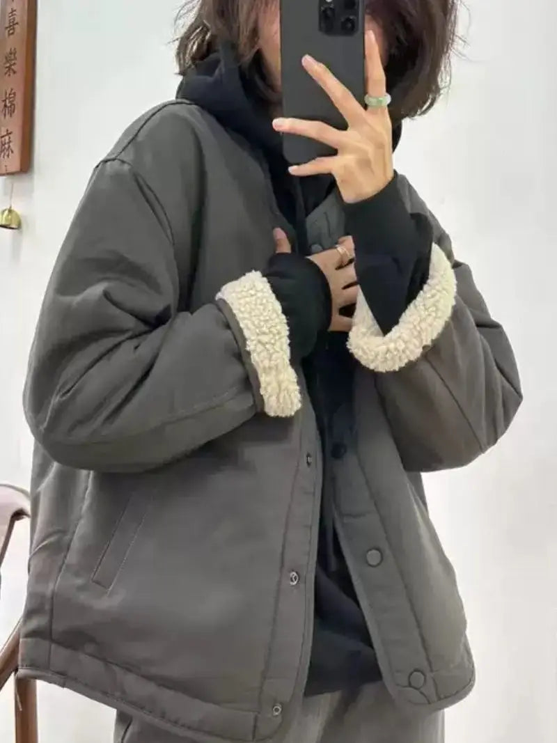 Fashionable and Versatile Lamb Wool Jacket for Women in Winter with Thick Cotton Padded Coat and Loose Cardigan Top