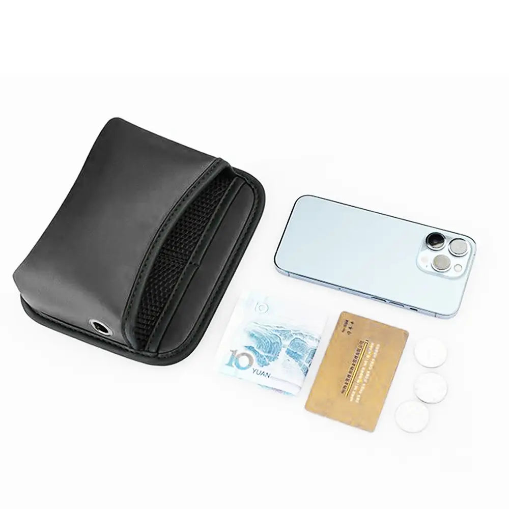 Pochette de rangement pour voiture en cuir noir avec adhésif, organisateur à plusieurs compartiments, avec poche en maille et petit trou circulaire sur le côté