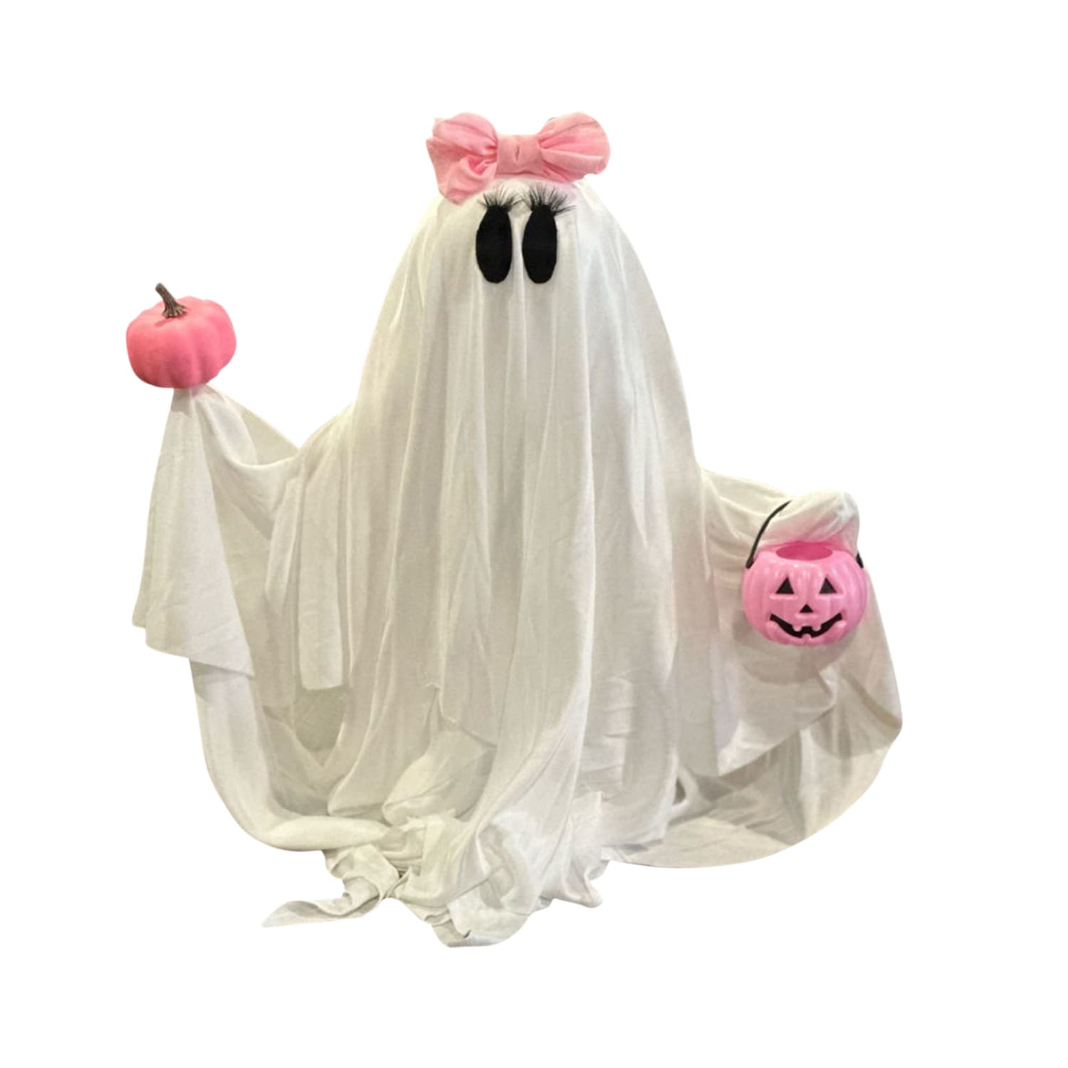 Eine weiße Plüsch-Geister-Halloween-Tischdekoration mit einer rosa Schleife, die einen kleinen rosa Kürbis und einen rosa Kürbis-Jack-o’-Lantern-Korb hält.