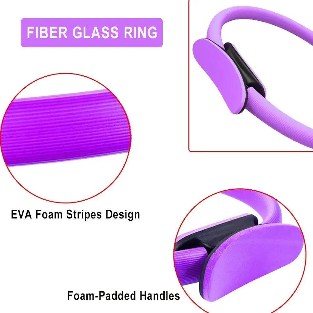 purple fiber glass pilates ring with eva foam stripes and padded handles for fitness and yoga exercises