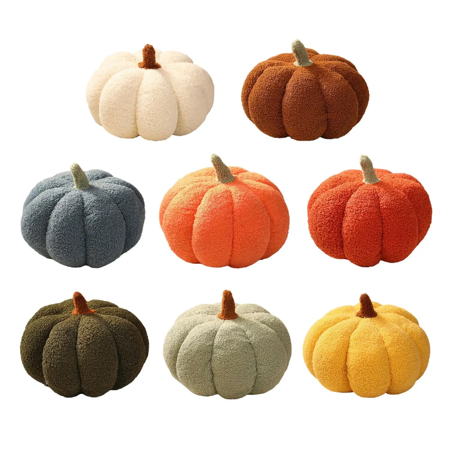 Coussin décoratif en peluche en forme de citrouille en tissu crème, présentant un matériau texturé et une palette aux tons automnaux, notamment orange, bleu-gris, vert olive, sauge et jaune moutarde, adapté aux coussins en forme de citrouille d’Halloween.