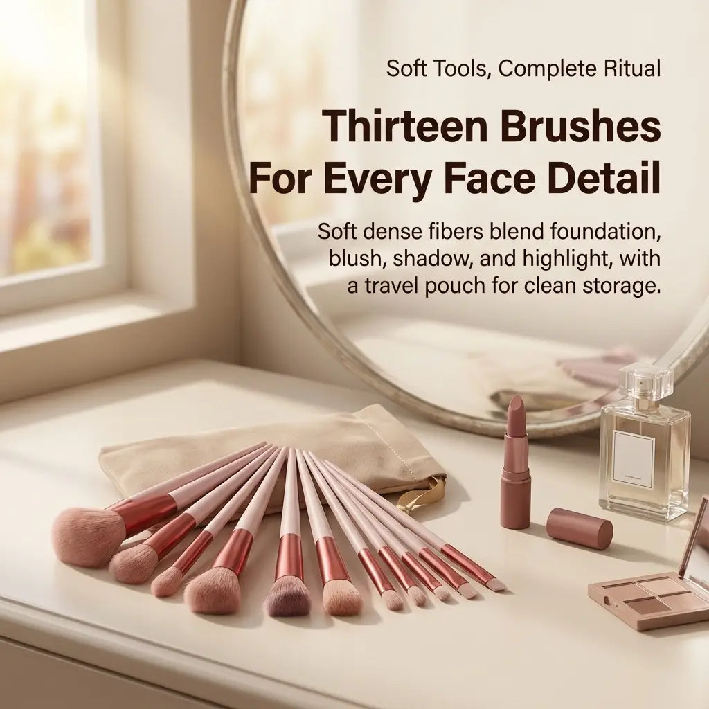 a set of thirteen blush-toned makeup brushes with rose gold ferrules and soft dense bristles arranged in a fan-like display next to a travel pouch suitable for eye shadow and other cosmetic brush applications