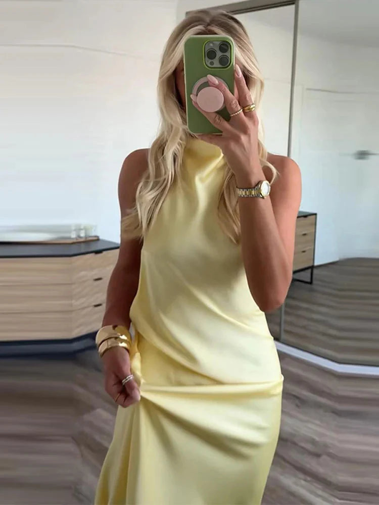 Women's Evening Party Long Dress Summer Female Elegant Satin Backless Halter Dress Lady Pleated Sleeveless Yellow Dresses Robes