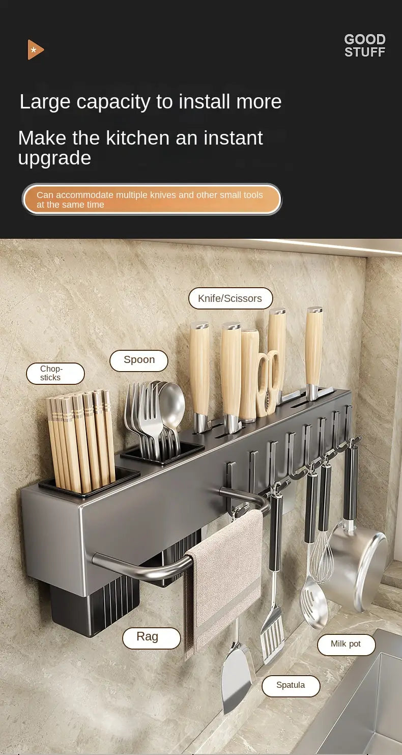 Silver metallic wall mounted kitchen utensil holder and knife rack with multiple compartments for chopsticks spoons and knives.