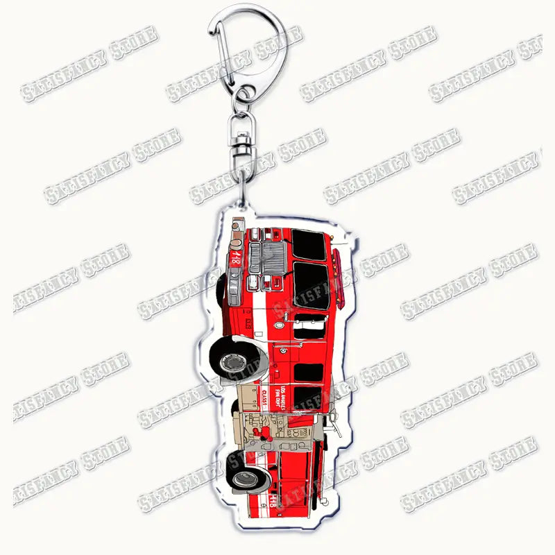 Red and white acrylic fire truck keychain with silver metal clip for 9-1-1 TV show firefighter gift.