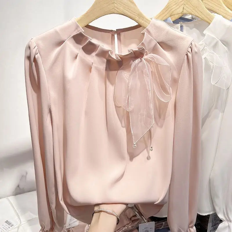 Women Stylish Ruffled Bow Lace Up Chiffon Blouses Office Lady Elegant Chic Commute Shirts Korean O Neck Long Sleeve Loose Tops