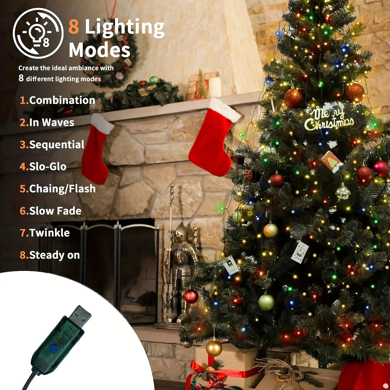 Usb-powered led christmas tree light set with 8 customizable lighting modes designed for indoor and outdoor holiday decoration use.