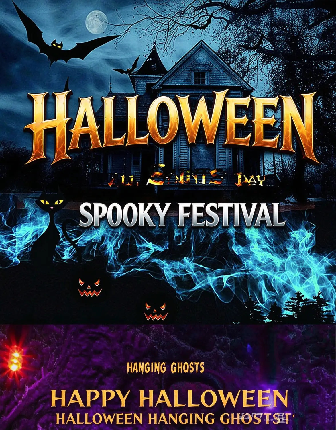 hängender Geist Halloween-Schreck-Accessoire mit goldenem, leuchtendem Halloween-Text und feurigem Orange- sowie Gelbverlaufseffekt für die Dekoration von Geisterhäusern.