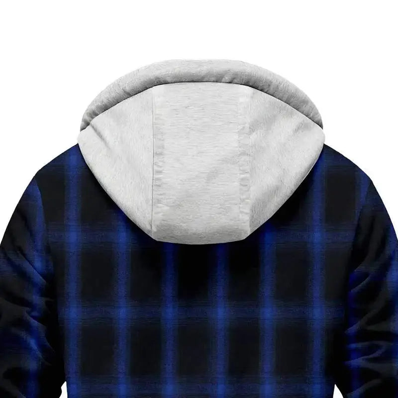 Chaqueta con capucha Y2K de polar a cuadros para hombre en azul y negro, con capucha forrada con polar gris claro.