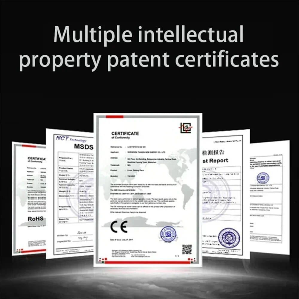 white paper certificates with black text red borders and official seals accompany the portable power bank 5000mah fast charger featuring a digital display.