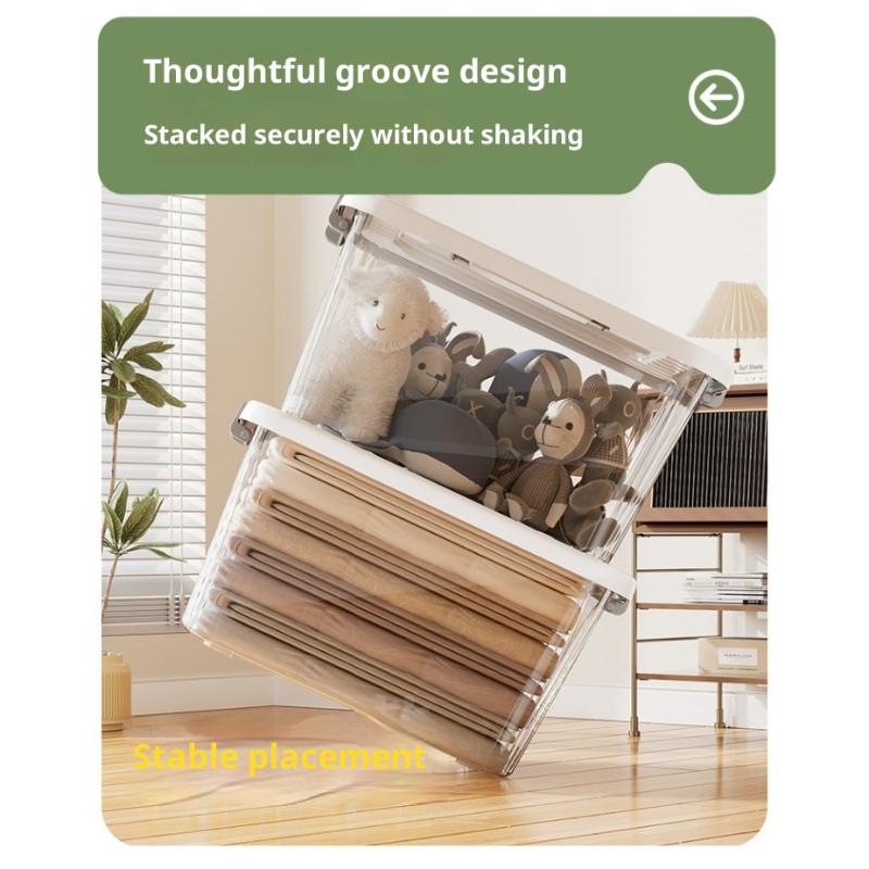 Boîte de rangement en plastique transparent avec couvercle et loquets, dotée d’un design de rainure réfléchie pour un empilage sécurisé et d’un couvercle de boîte, taille environ grande.