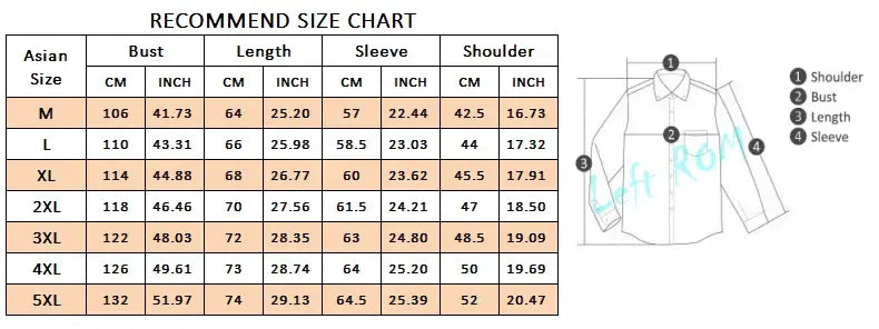 The image displays a size chart in Asian sizing standard with bust length sleeve and shoulder measurements in centimeters and inches for a men’s light green faux leather moto jacket.