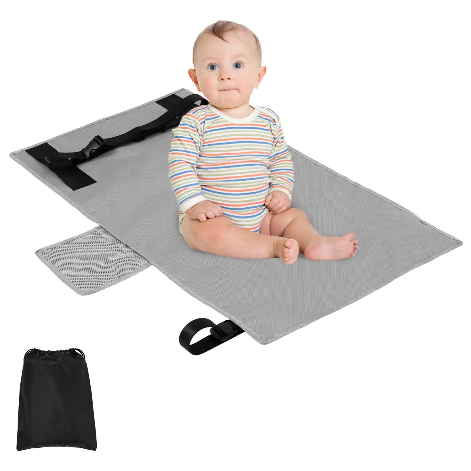 背面から表示された、黒いストラップとメッシュポケット付きのグレー防水幼児用飛行機用シートエクステンダー、旅行フットレストハンモック