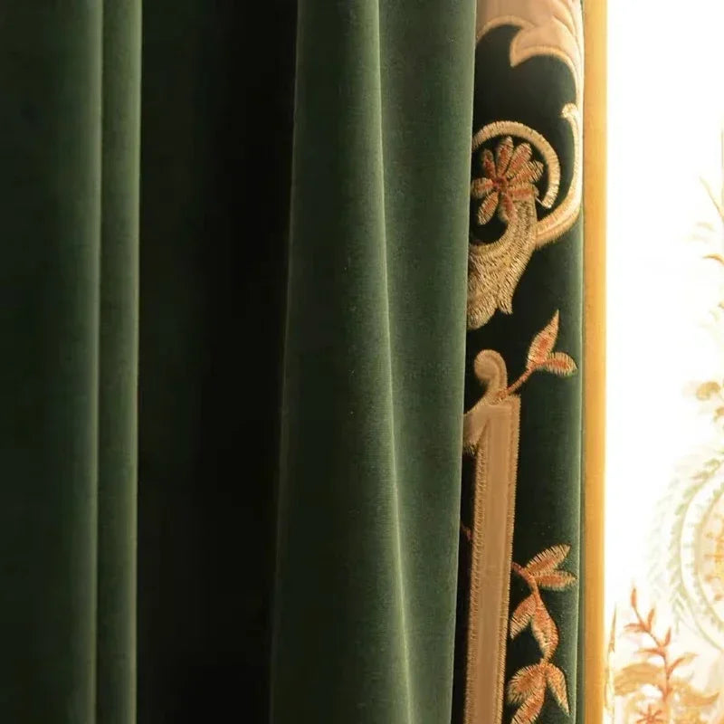 European Luxury Curtains for Living Dining Rooms Bedroom Home Textile Fabrics French Green Velvet Embroidered Curtains for Villa