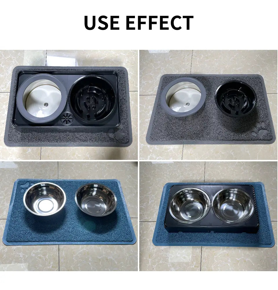 Black and gray dual pet feeding station with stainless steel bowls on a waterproof dog feeding mat and cat litter mat large 24x16 black