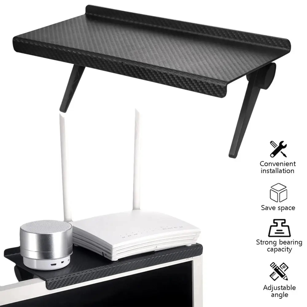 Black carbon fiber-patterned adjustable screen top storage shelf monitor stand with adjustable angle and strong bearing capacity.