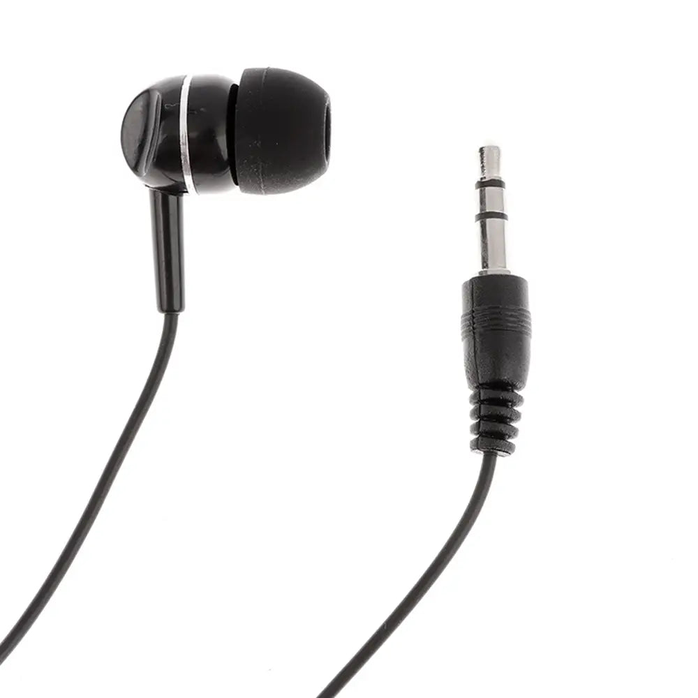 Écouteurs filaires noirs avec embouts d’écoute souples et anneau d’accent argent, avec une prise audio standard 3,5 mm pour un usage avec mp3 mp4.