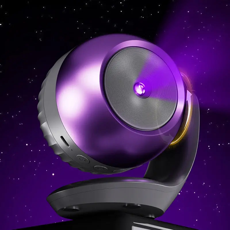 Purple and silver spherical led projector light with a textured grille mounted on an adjustable arm designed as a kids gift with timer and patterns