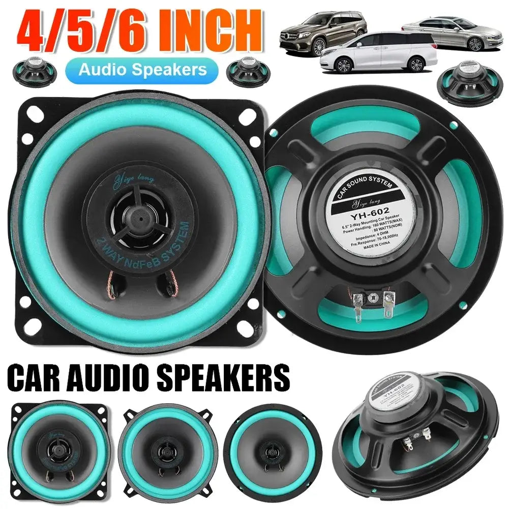 Teal and black 4 5 6 inch car speakers universal hifi coaxial subwoofer audio stereo with a circular design featuring a central cone and mounting bracket.
