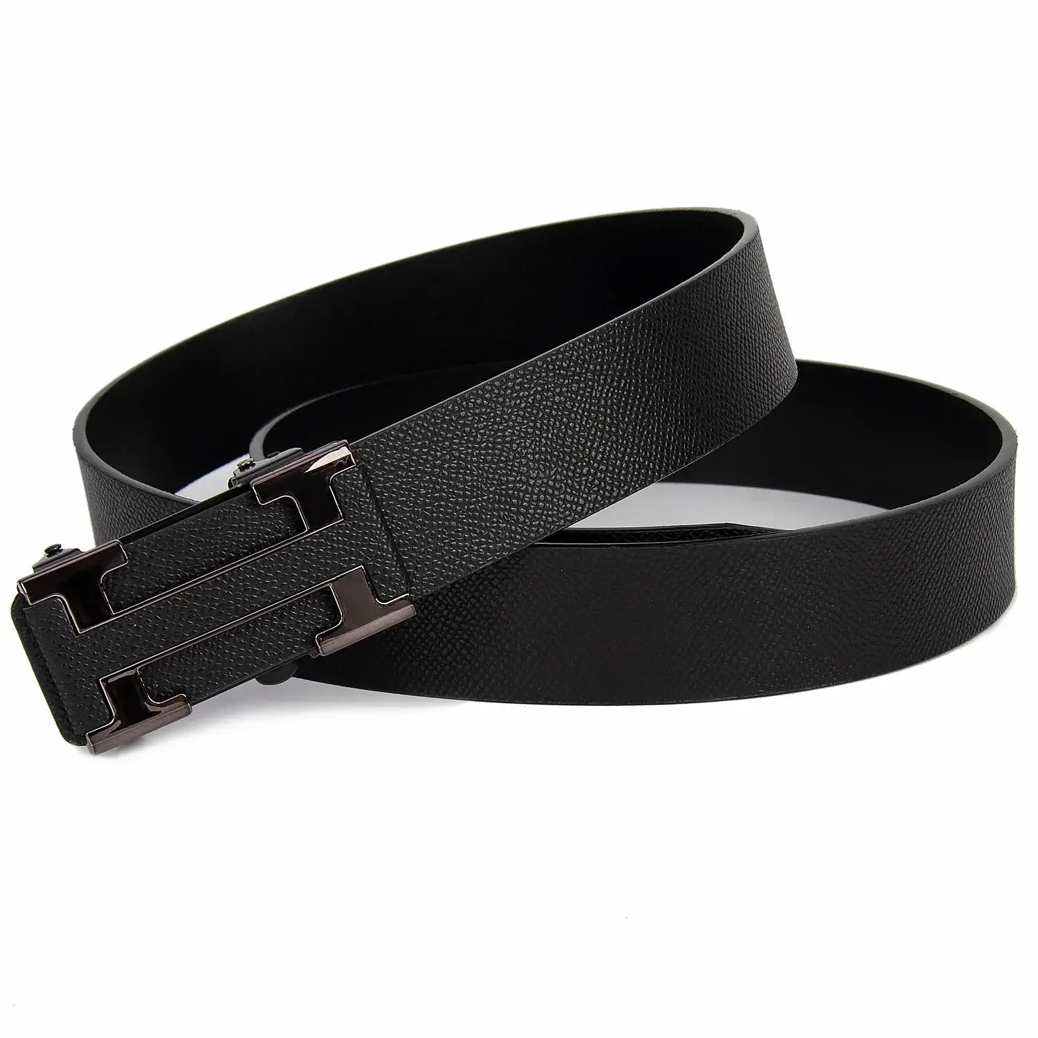 Ceinture d’affaires en cuir pour homme avec une lanière en cuir noir et une boucle métallique en forme de H au design élégant.