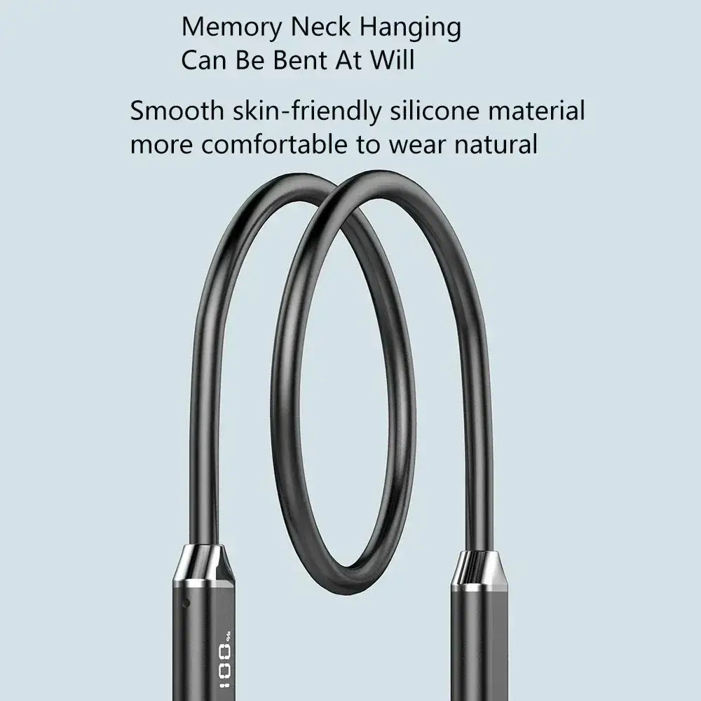 Black wireless neckband bluetooth earphones with led display featuring memory neck hanging design, smooth skin-friendly silicone material, and metallic silver ends.
