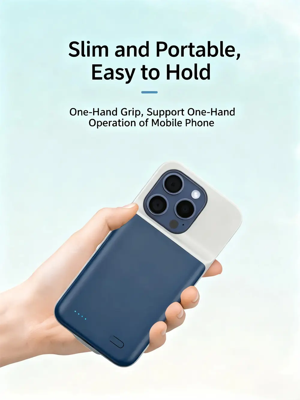 Blau-weiße schlanke, tragbare Pro-Max-Akku-Ladehülle mit elegantem, minimalistischem Design für iPhone 16- und 17-Serien