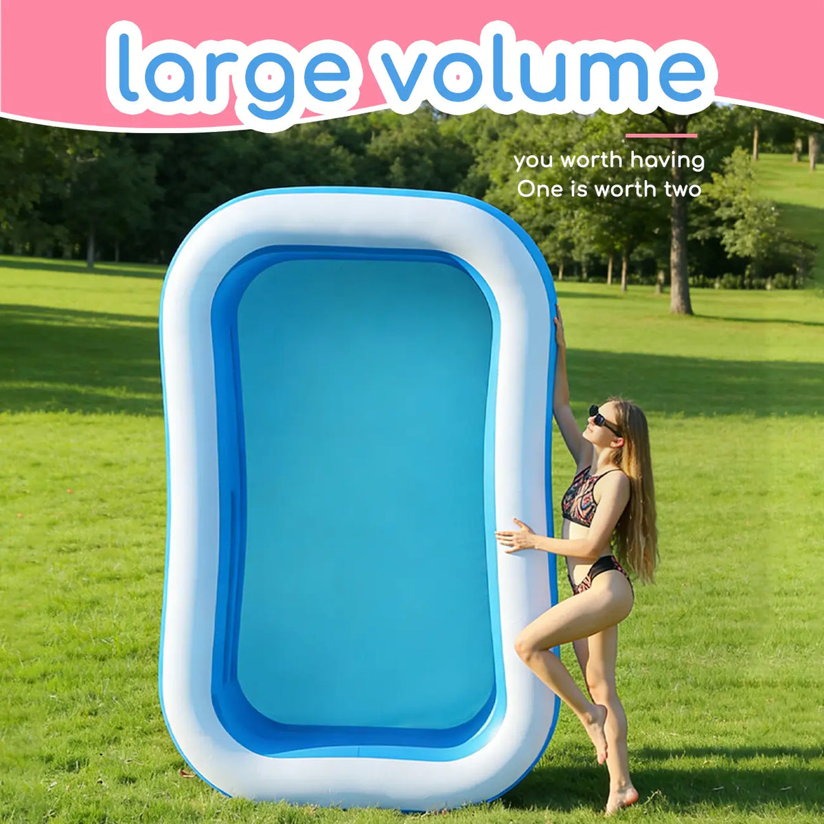1-Piece Blue Rectangular Inflatable Family Pool, Swimming Pool, Outdoor Recreation, Beach, Party