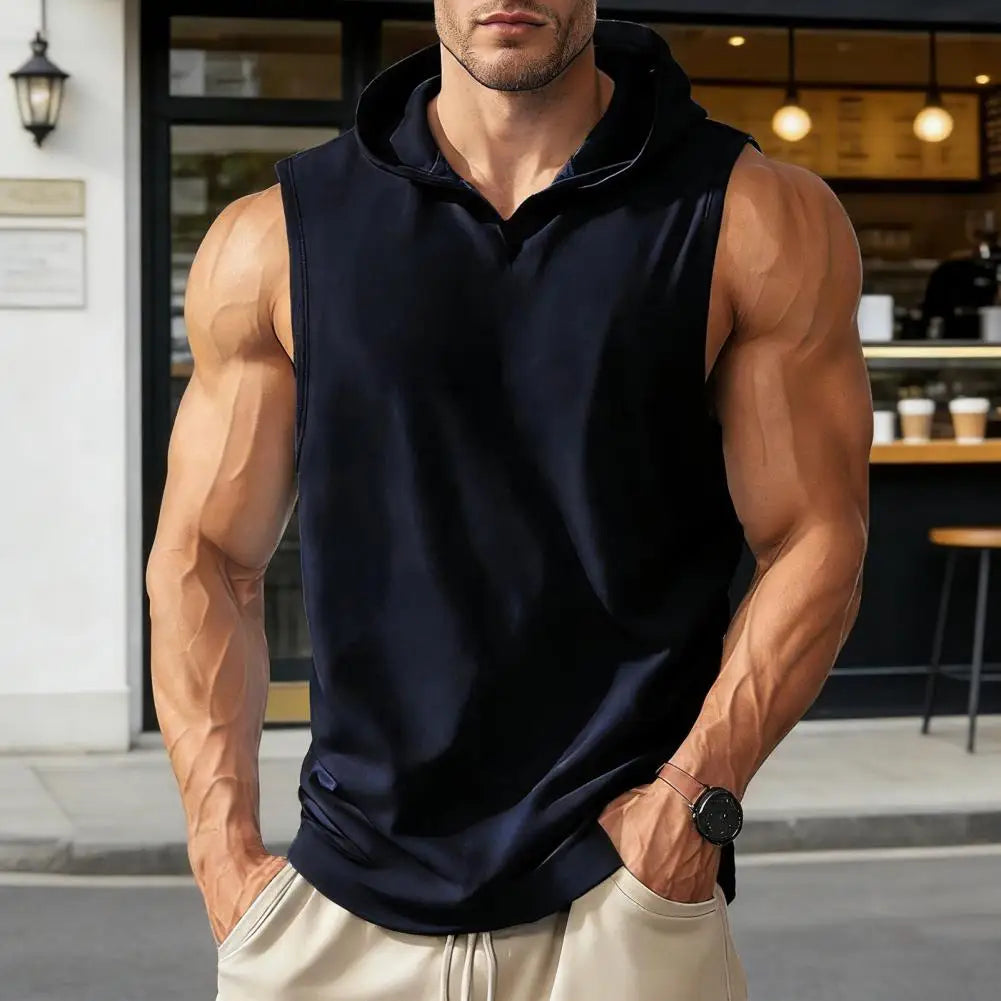 Men Workout Vest Men's Sleeveless Hooded Vest Quick-drying Summer Sports Top Wide Shoulder Strap Activewear for Daily Casual