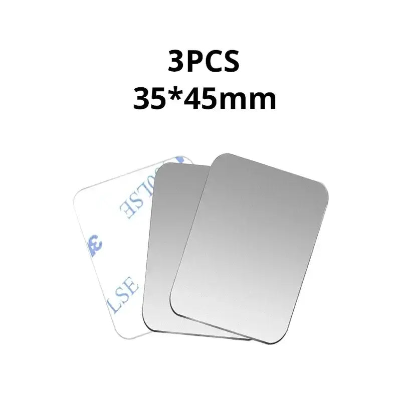 trois disques de plaque métallique adhésifs rectangulaires à teinte argentée, avec coins arrondis et surface réfléchissante pour porte-téléphone de voiture à fixation magnétique.